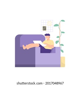 illustration of a man sitting relaxed on the sofa while using or watching something on a tablet. relaxed work concept, work from home, rest while working. flat cartoon style. vector design