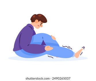 illustration of a man sitting and straightening his legs. feel tingling and numbness in the legs. legs tremble and hurt. diseases and health problems. flat style character design. graphic elements