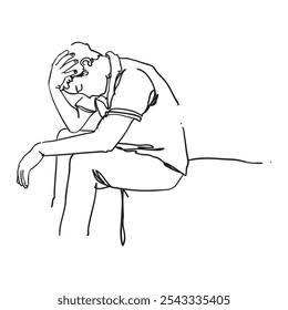 Ilustración del hombre sentado con diseño de arte de línea de expresión estresante 