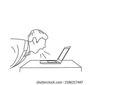Illustration of Man sitting at the table and screaming at his laptop. line art style
