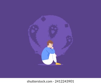 La ilustración de un hombre está sentado aterrorizado en la oscuridad. una sensación de preocupación e inquietud. miedo a la oscuridad y a la soledad. problemas y salud mental. diseño de concepto de ilustración plana. vector 