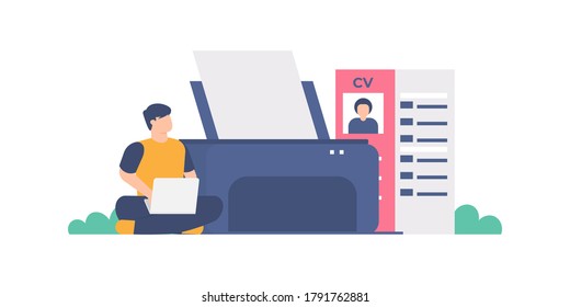 illustration of a man sitting using a laptop and printer to print a CV or curriculum vitae. the concept of a service to make a CV, portfolio, job application. flat design. can be used for element