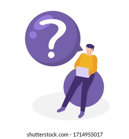 ilustración de un hombre sentado mientras juega un portátil cerca del símbolo del signo de interrogación. Preguntas frecuentes o preguntas frecuentes, signos de interrogación en personas, centro de soporte en línea. diseño plano.
