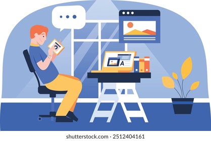 Eine Illustration eines Mannes, der inhaltlich sitzt und schreibt, eine energische Illustration, die den Eindruck einer kreativen und intelligenten Person vermittelt. 