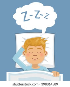 Illustration man sleeping in bed  Cheerful man lying pillow   dreaming at night  Flat style vector illustration