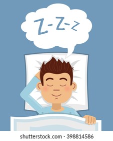 Illustration man sleeping in bed  Sleeping man lying pillow   dreaming at night  Simple style vector illustration