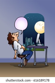 illustration of a man sleeping in front computer on office background