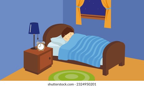 Ilustración de un hombre durmiendo en su cama con un reloj despertador