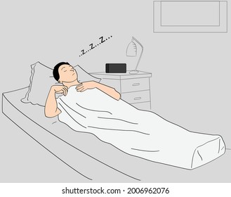 Illustration of a man sleeping inside his room.  Hand drawn style vector design illustrations.