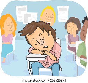 Illustration of a Man Sleeping in the Middle of a Class