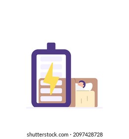 illustration of a man sleeping on a mattress to recharge. workers, employees, staff. flat cartoon style. vector design. ui, element, landing page
