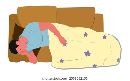 illustration of a man sleeping on the sofa because he is too tired, isolated on a white background