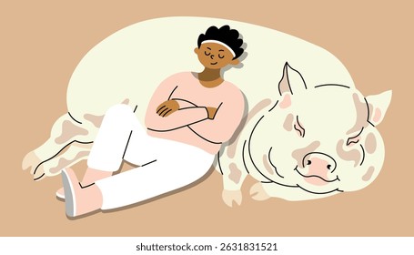 illustration of a man sleeping with pig.