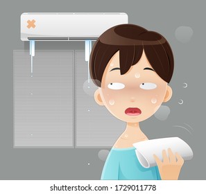 ilustración man sleepless por el aire acondicionado roto en casa, un hombre con camisa azul sufriendo el calor en la habitación.