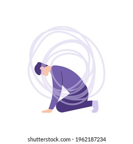 illustration of a man slumped in grief. having problems, broke, was depressed. thoughts are in turmoil. a victim of bullying. flat style. vector design