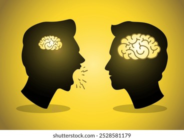 An illustration of a man with smaller brain shouting to a man with bigger brain. Smart and Fool Quarrel Concept