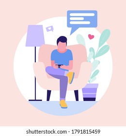 Illustration of man with smartphone. Сommunication in social networks, online meeting, video call. Vector illustration in a flat style