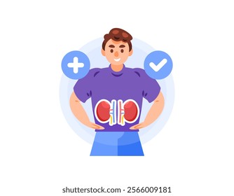 illustration of a man smiling happily because he has healthy kidneys. healthy kidney organ. holding stomach. health and condition. flat style character design. elements