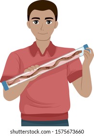 Illustration of a Man Smiling and Holding a Restraining Tube with a Brown Venomous Snake Inside