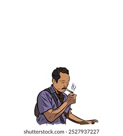 Illustration of a Man Smoking a Cigarette in Casual Clothes