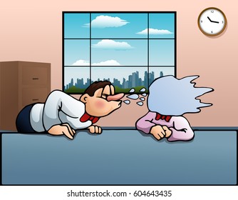 illustration of a man sneezing at his friend on office background