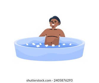 Die Illustration eines Mannes ist in Eiswasser oder kaltem Wasser. Genießen Sie eine Dusche mit kaltem Wasser. Therapie mit Eiswasser. Kühl den Körper. Flaches oder Cartoon-Stildesign für Zeichenillustrationen. grafisch 