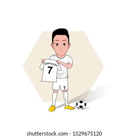 
illustration of a man in a soccer costume showing a jersey, a depiction of the introduction of a new soccer player transfer. Vector cartoons that can be used for caricature or mascot templates.