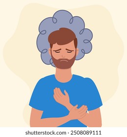 Illustration of a man with a sorrowful expression, placing a hand on his chest, with a dark cloud above his head representing sadness, worry, or mental distress. 
