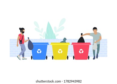 illustration of man sorting garbage into trash cans. Recycle thrash and Waste separation. Colorful flat vector drawing.