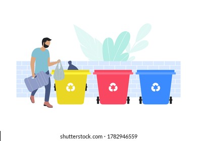 illustration of man sorting garbage into trash cans. Recycle thrash and Waste separation. Colorful flat vector drawing.