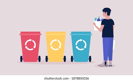 ilustración de un hombre clasificando basura en latas de basura. Reciclar la basura y la separación de desechos. Dibujo de vector plano colorido.