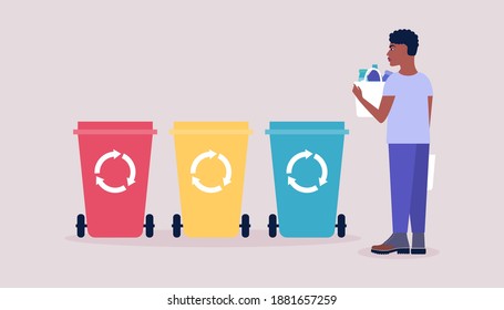 illustration of man sorting garbage into trash cans. Recycle thrash and Waste separation. Colorful flat vector drawing.