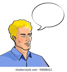 illustration of man with speech bubble in pop art style