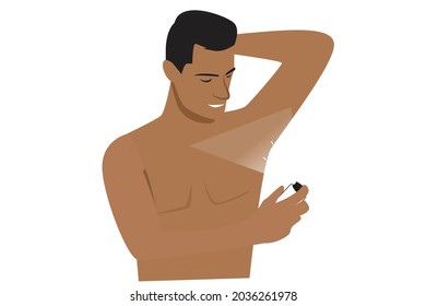 Illustration of a man spraying perfume on his armpits to keep the odor at work. Vector flat illustration