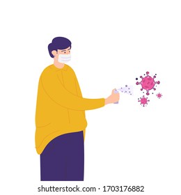 illustration of a man spraying a virus or bacteria with a hand sanitizer. protect yourself from disease outbreaks. flat design. can be used for elements, landing pages, UI.