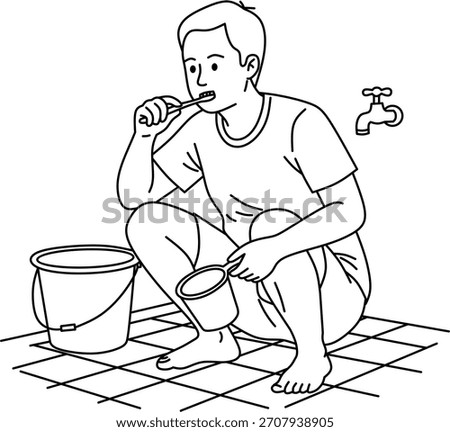Illustration of a man squatting brushing teeth