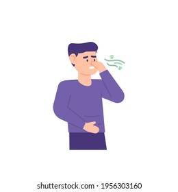 illustration of a man squeezing his nose with his hand so as not to smell a bad smell. protect the nose. bad breath. flat style. vector design