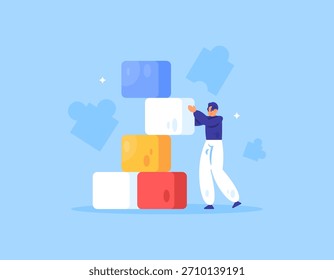 Ilustração de um homem empilhando blocos. Criação, desenvolvimento e conclusão de projetos. Resolvendo problemas e crescendo. Conceito ou metáfora da ilustração. Design de estilo plano. Fundo azul.