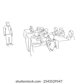illustration of man stand in front of students in class line art design concept