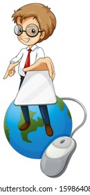Ilustración de un hombre parado por encima del globo que sostiene un celular en un fondo blanco