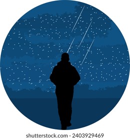 Illustration of man standing alone looking at the sky filled with stars at night, circle design
