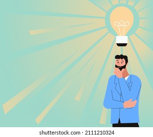 Illustration Of A Man Standing Coming Up With New Amazing Ideas. Businessman Drawing Thinking Deeply For Old Wonderful Plans. Guy Cartoon Brain Storming Brilliant Strategies.
