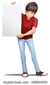 Illustration of a man standing with an empty signboard on a white background