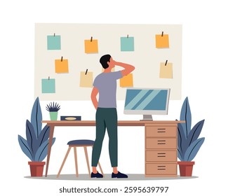 illustration of a man standing in front of a desk, looking at sticky notes on the wall, feeling confused or planning. Concept of productivity, organization, and brainstorming
