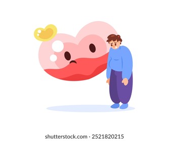 ilustração de um homem de pé sombrio e triste por causa de problemas de amor. problemas românticos. conceito de menino triste. chateado porque o sentimento de amor diminuiu. símbolo do coração. design de estilo plano. elementos