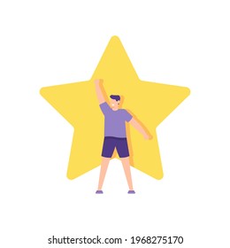 illustration of a man standing happily in front of a star. a concept of reviews, customer ratings, user feedback. flat style. vector design