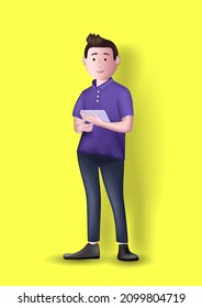 Illustration of a man standing and holding a tablet phone. 3D vector cartoon illustration isolated on a yellow background.