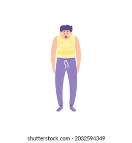 Illustration Of A Man Standing Hunched Over Because He Is Running Out Of Energy After Exercise. Tired And Hot. Thirsty Person. Flat Cartoon Style. Vector Design