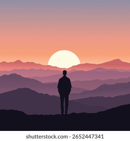 Ilustración de un hombre de pie mirando la puesta de sol