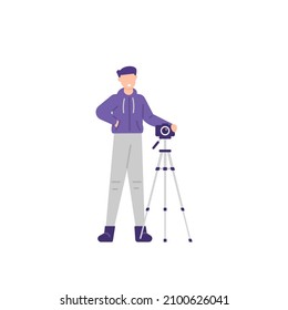 illustration of man standing next to camera. photographer, freelance, worker. profession and work. flat cartoon style. vector design. ui, element